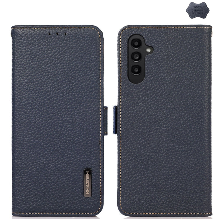 For Samsung Galaxy A36 KHAZNEH Side-Magnetic Litchi Genuine Leather RFID Phone Case(Blue) - Galaxy Phone Cases by buy2fix | Online Shopping UK | buy2fix