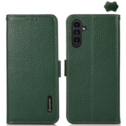 For Samsung Galaxy A36 KHAZNEH Side-Magnetic Litchi Genuine Leather RFID Phone Case(Green) - Galaxy Phone Cases by buy2fix | Online Shopping UK | buy2fix