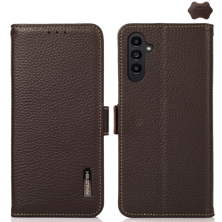 For Samsung Galaxy A36 KHAZNEH Side-Magnetic Litchi Genuine Leather RFID Phone Case(Brown) - Galaxy Phone Cases by buy2fix | Online Shopping UK | buy2fix