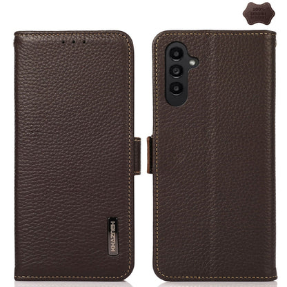 For Samsung Galaxy A36 KHAZNEH Side-Magnetic Litchi Genuine Leather RFID Phone Case(Brown) - Galaxy Phone Cases by buy2fix | Online Shopping UK | buy2fix