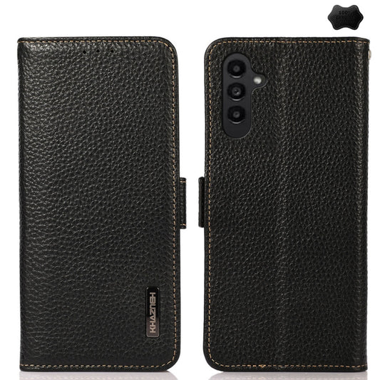 For Samsung Galaxy A26 5G KHAZNEH Side-Magnetic Litchi Genuine Leather RFID Phone Case(Black) - Galaxy Phone Cases by buy2fix | Online Shopping UK | buy2fix
