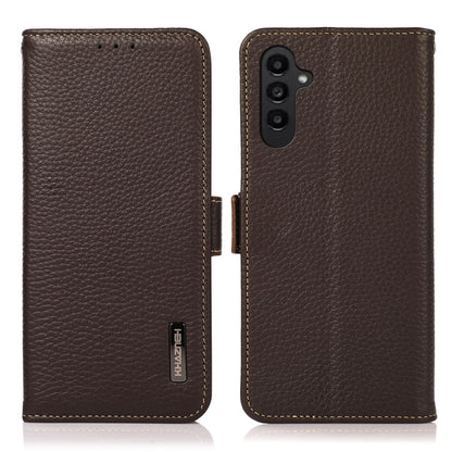 For Samsung Galaxy A26 5G KHAZNEH Side-Magnetic Litchi Genuine Leather RFID Phone Case(Brown) - Galaxy Phone Cases by buy2fix | Online Shopping UK | buy2fix