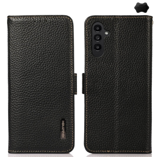For Samsung Galaxy A56 5G KHAZNEH Side-Magnetic Litchi Genuine Leather RFID Phone Case(Black) - Galaxy Phone Cases by buy2fix | Online Shopping UK | buy2fix