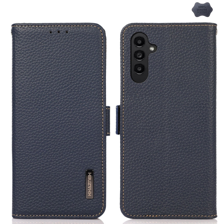 For Samsung Galaxy A56 5G KHAZNEH Side-Magnetic Litchi Genuine Leather RFID Phone Case(Blue) - Galaxy Phone Cases by buy2fix | Online Shopping UK | buy2fix