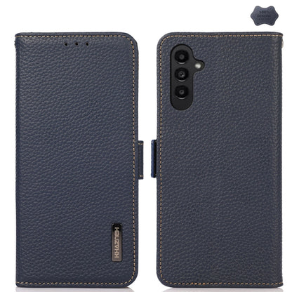 For Samsung Galaxy M35 KHAZNEH Side-Magnetic Litchi Genuine Leather RFID Phone Case(Blue) - Galaxy Phone Cases by buy2fix | Online Shopping UK | buy2fix