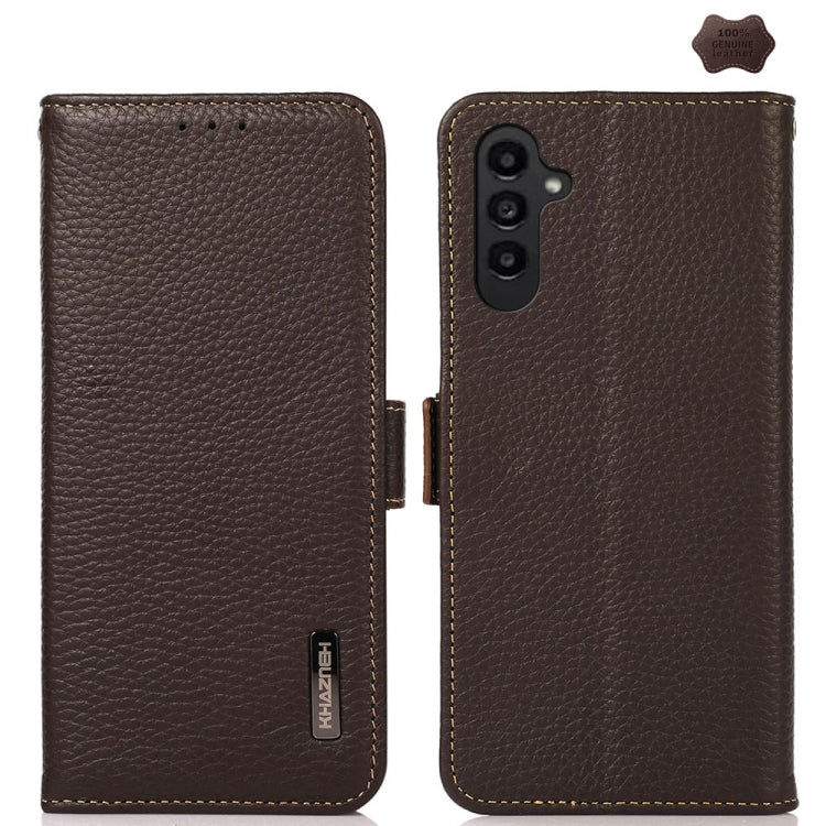 For Samsung Galaxy M35 KHAZNEH Side-Magnetic Litchi Genuine Leather RFID Phone Case(Brown) - Galaxy Phone Cases by buy2fix | Online Shopping UK | buy2fix