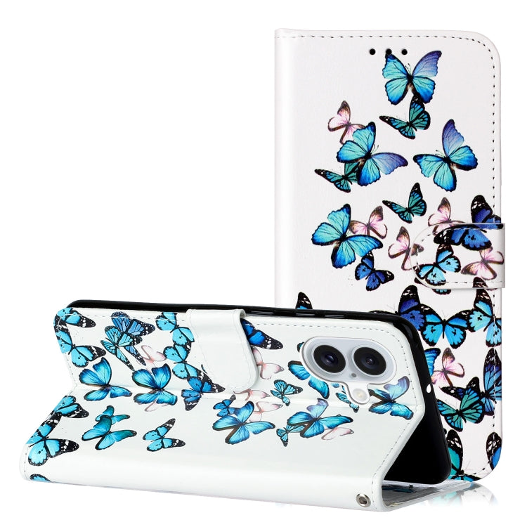 For iPhone 16 Plus Colored Drawing Marble Pattern Leather Phone Case(Little Blue Butterflies) - iPhone 16 Plus Cases by buy2fix | Online Shopping UK | buy2fix