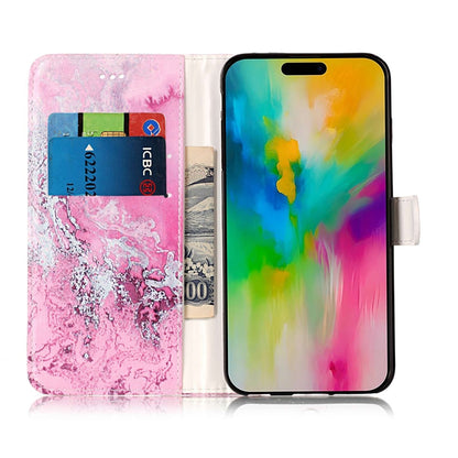 For iPhone 16 Plus Colored Drawing Marble Pattern Leather Phone Case(Pink Seawater) - iPhone 16 Plus Cases by buy2fix | Online Shopping UK | buy2fix