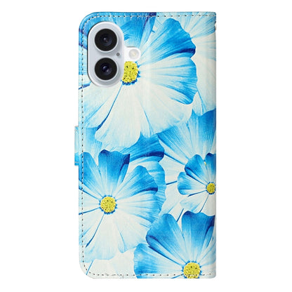 For iPhone 16 Colored Drawing Marble Pattern Leather Phone Case(Blue Flower) - iPhone 16 Cases by buy2fix | Online Shopping UK | buy2fix