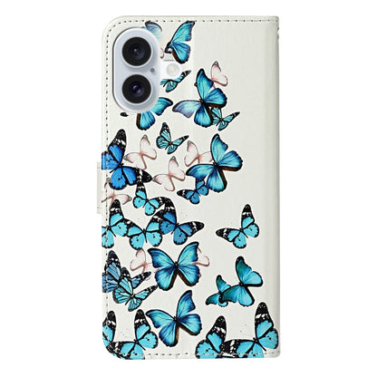 For iPhone 16 Colored Drawing Marble Pattern Leather Phone Case(Little Blue Butterflies) - iPhone 16 Cases by buy2fix | Online Shopping UK | buy2fix