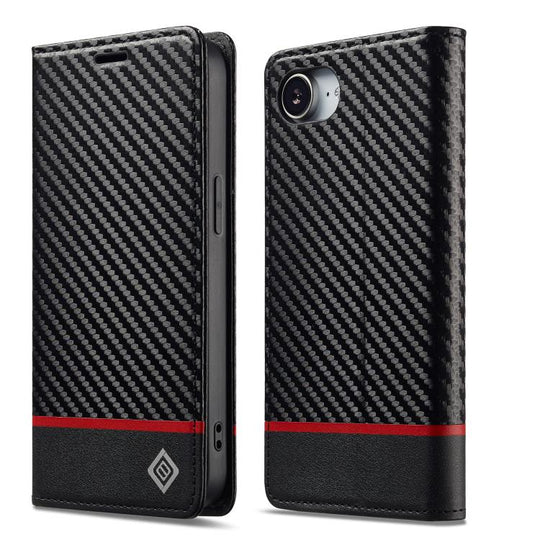 For iPhone 17e / 16e LC.IMEEKE Carbon Fiber Leather Phone Case(Horizontal Black)