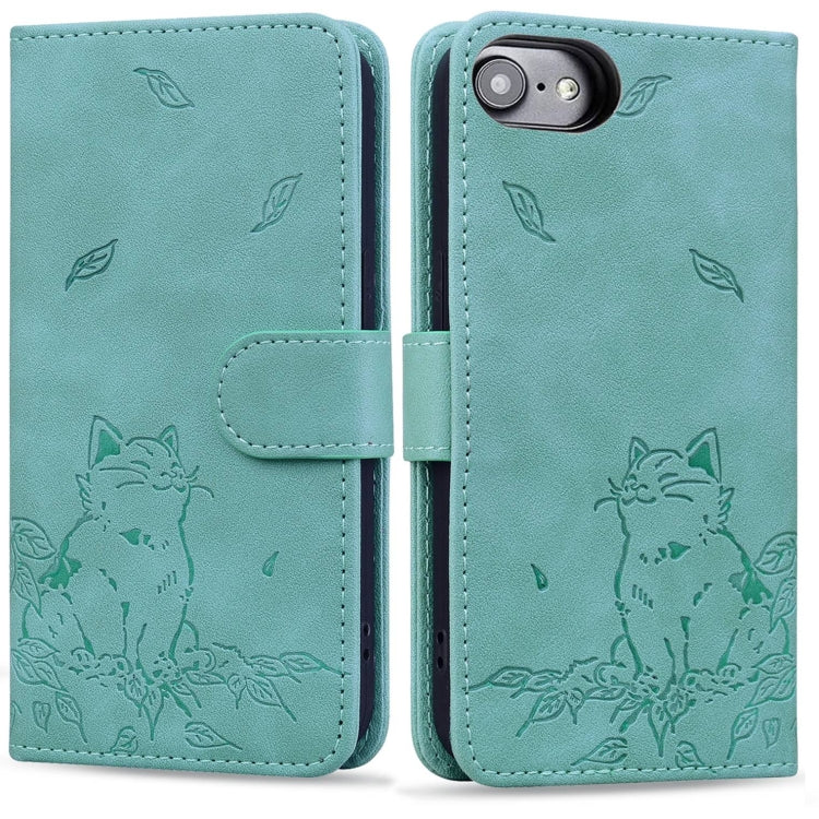 For iPhone SE 2024 Cute Cat Embossed Leather Phone Case(Green) - More iPhone Cases by buy2fix | Online Shopping UK | buy2fix