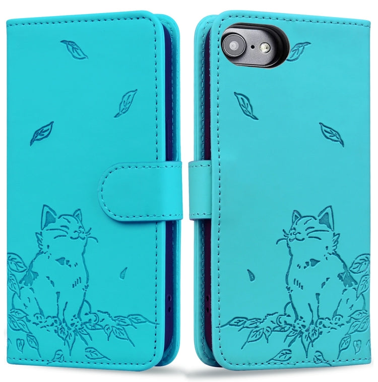 For iPhone SE 2024 Cute Cat Embossed Leather Phone Case(Lake Blue) - More iPhone Cases by buy2fix | Online Shopping UK | buy2fix