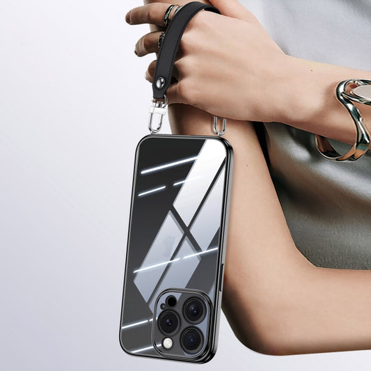 For iPhone 15 Pro SULADA  Electroplated Clear TPU Soft Frame Phone Case with Wrist Strap(Black) - iPhone 15 Pro Cases by SULADA | Online Shopping UK | buy2fix