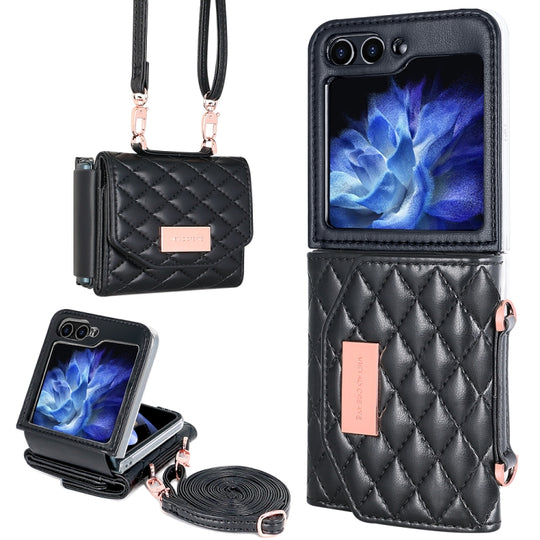 For Samsung Galaxy Z Flip6 / Flip7 FE VIETAO Rhombic Texture Wallet PU Phone Case with Long Lanyard(Black)