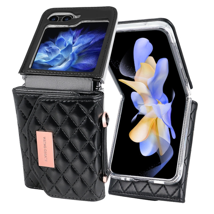 For Samsung Galaxy Z Flip6 / Flip7 FE VIETAO Rhombic Texture Wallet PU Phone Case with Long Lanyard(Black) - Galaxy Z Flip6 5G Cases by VIETAO | Online Shopping UK | buy2fix