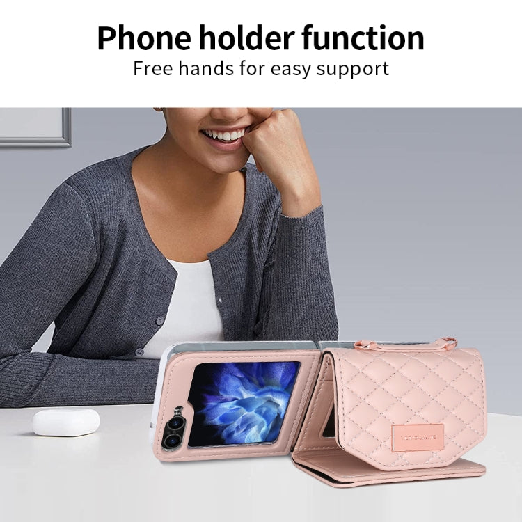 For Samsung Galaxy Z Flip6 / Flip7 FE VIETAO Rhombic Texture Wallet PU Phone Case with Long Lanyard(Pink) - Galaxy Z Flip6 5G Cases by VIETAO | Online Shopping UK | buy2fix