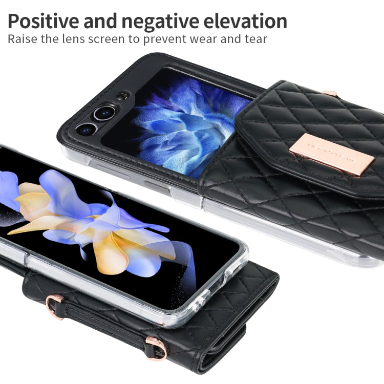 For Samsung Galaxy Z Flip5 VIETAO Rhombic Texture Wallet PU Phone Case with Long Lanyard(Black) - Galaxy Z Flip5 Cases by VIETAO | Online Shopping UK | buy2fix