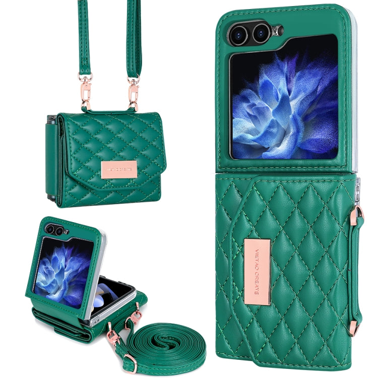 For Samsung Galaxy Z Flip5 VIETAO Rhombic Texture Wallet PU Phone Case with Long Lanyard(Green) - Galaxy Z Flip5 Cases by VIETAO | Online Shopping UK | buy2fix