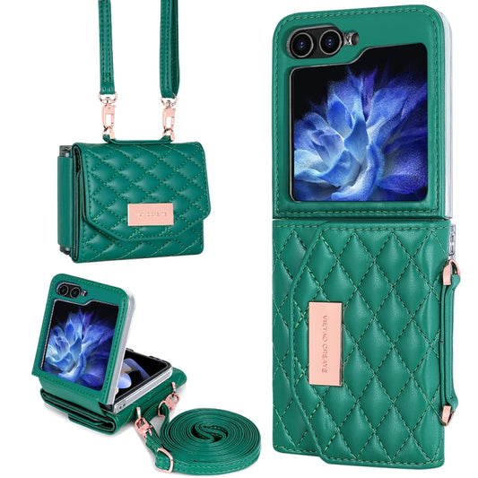 For Samsung Galaxy Z Flip5 VIETAO Rhombic Texture Wallet PU Phone Case with Long Lanyard(Green) - Galaxy Z Flip5 Cases by VIETAO | Online Shopping UK | buy2fix