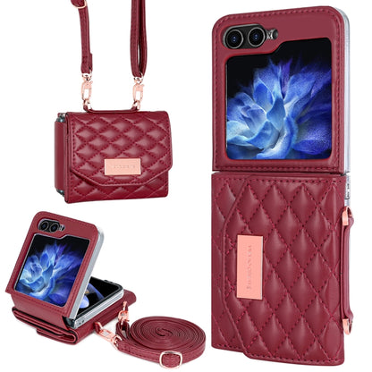For Samsung Galaxy Z Flip5 VIETAO Rhombic Texture Wallet PU Phone Case with Long Lanyard(Red) - Galaxy Z Flip5 Cases by VIETAO | Online Shopping UK | buy2fix