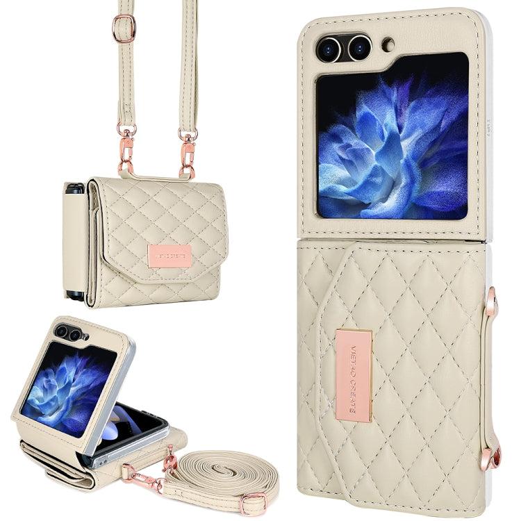 For Samsung Galaxy Z Flip5 VIETAO Rhombic Texture Wallet PU Phone Case with Long Lanyard(Beige) - Galaxy Z Flip5 Cases by VIETAO | Online Shopping UK | buy2fix