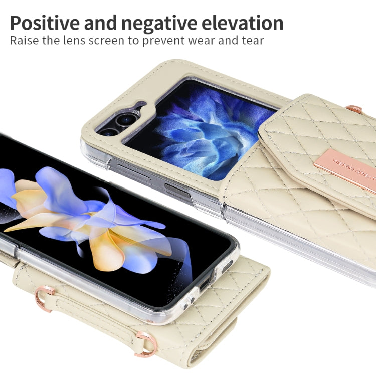 For Samsung Galaxy Z Flip5 VIETAO Rhombic Texture Wallet PU Phone Case with Long Lanyard(Beige) - Galaxy Z Flip5 Cases by VIETAO | Online Shopping UK | buy2fix