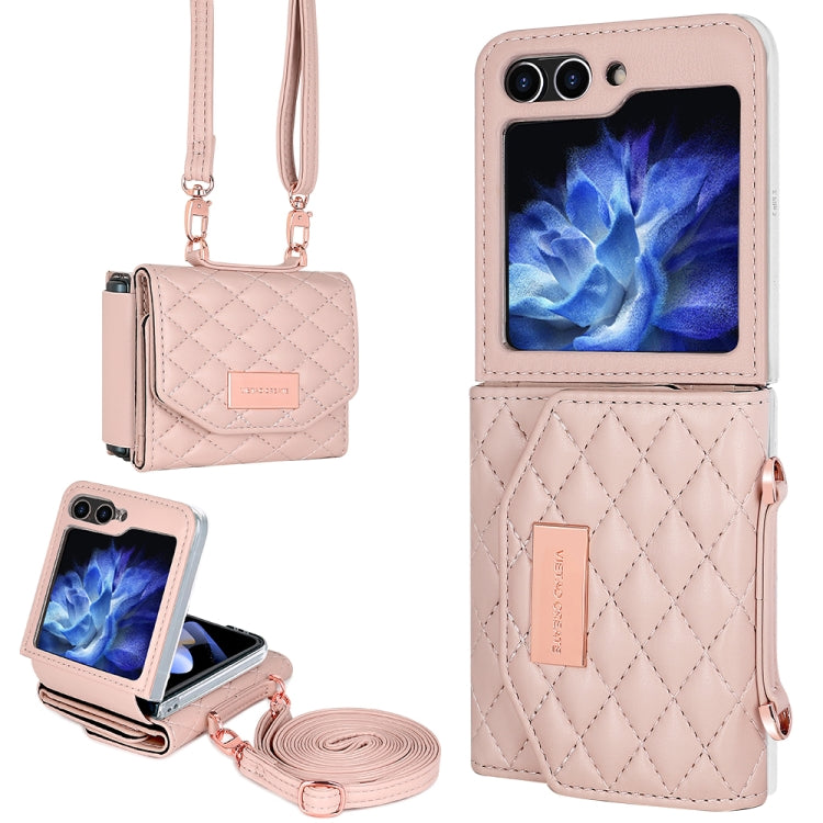 For Samsung Galaxy Z Flip5 VIETAO Rhombic Texture Wallet PU Phone Case with Long Lanyard(Pink) - Galaxy Z Flip5 Cases by VIETAO | Online Shopping UK | buy2fix