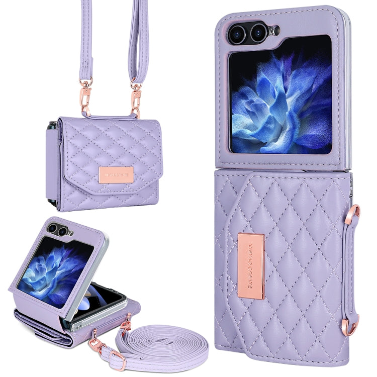 For Samsung Galaxy Z Flip5 VIETAO Rhombic Texture Wallet PU Phone Case with Long Lanyard(Purple) - Galaxy Z Flip5 Cases by VIETAO | Online Shopping UK | buy2fix