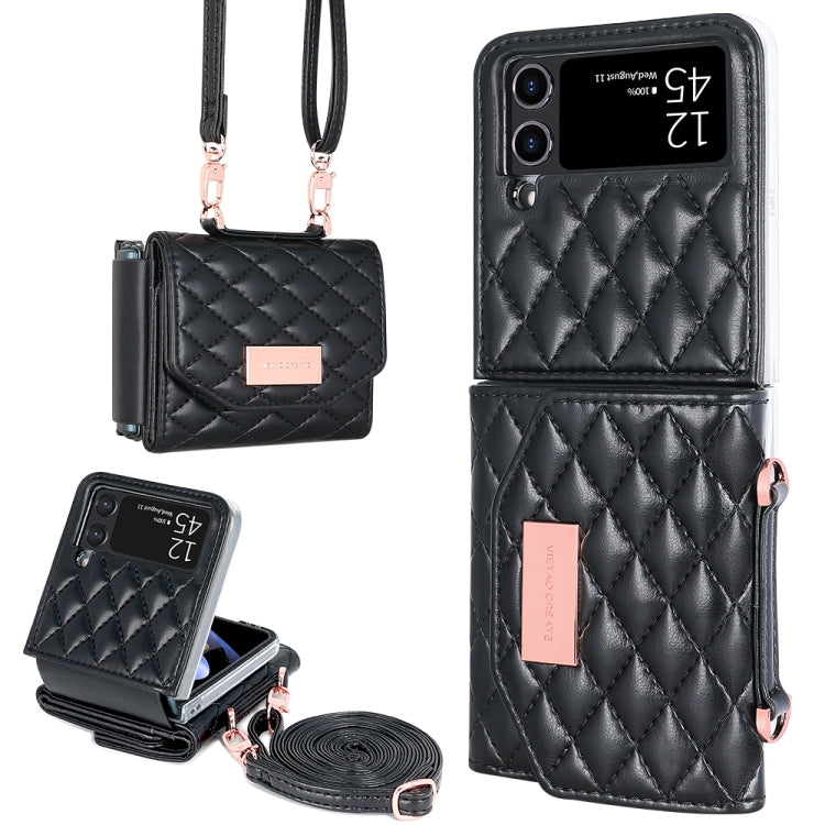 For Samsung Galaxy Z Flip4 VIETAO Rhombic Texture Wallet PU Phone Case with Long Lanyard(Black) - Galaxy Z Flip4 5G Cases by VIETAO | Online Shopping UK | buy2fix