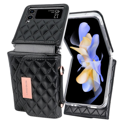 For Samsung Galaxy Z Flip4 VIETAO Rhombic Texture Wallet PU Phone Case with Long Lanyard(Black) - Galaxy Z Flip4 5G Cases by VIETAO | Online Shopping UK | buy2fix