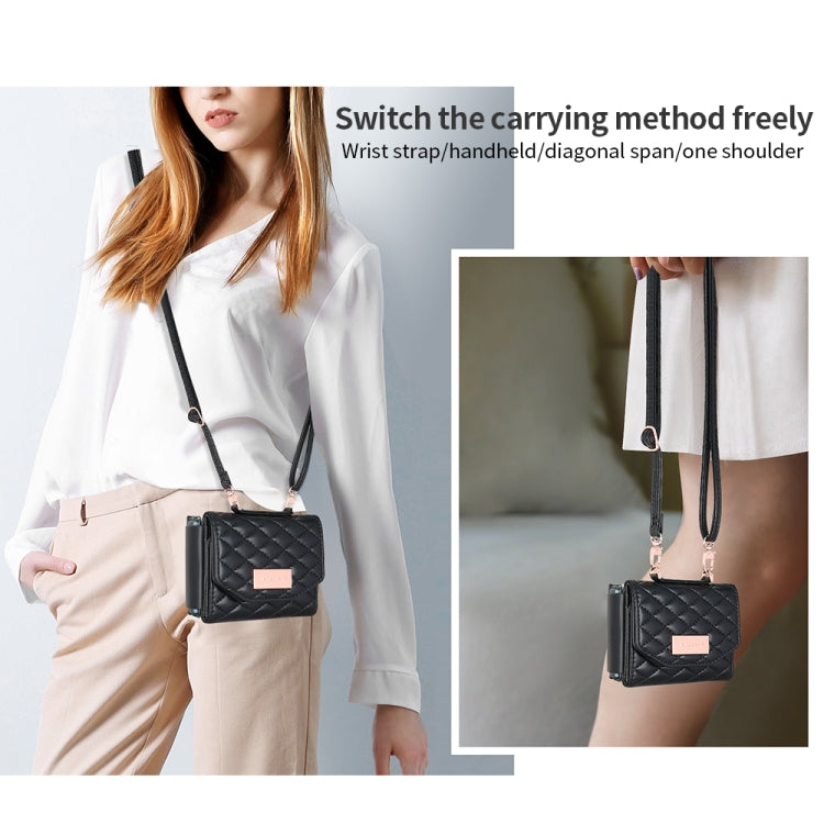 For Samsung Galaxy Z Flip4 VIETAO Rhombic Texture Wallet PU Phone Case with Long Lanyard(Black) - Galaxy Z Flip4 5G Cases by VIETAO | Online Shopping UK | buy2fix