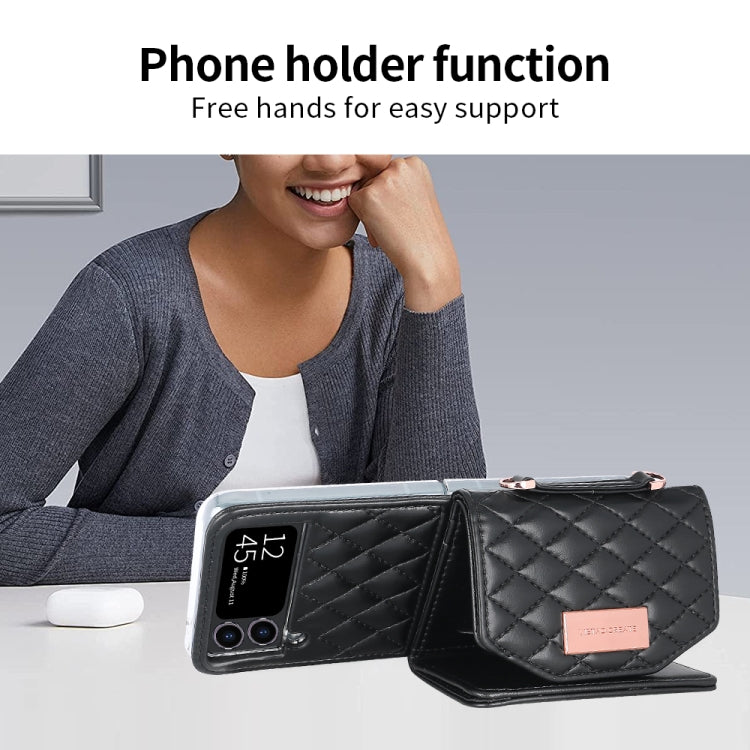 For Samsung Galaxy Z Flip4 VIETAO Rhombic Texture Wallet PU Phone Case with Long Lanyard(Black) - Galaxy Z Flip4 5G Cases by VIETAO | Online Shopping UK | buy2fix