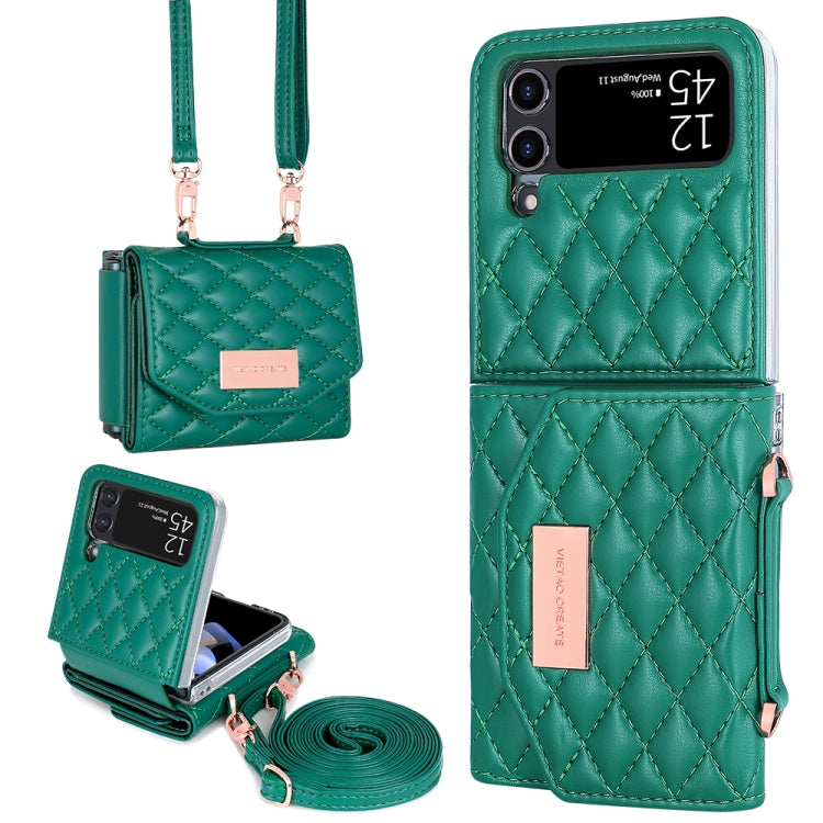 For Samsung Galaxy Z Flip4 VIETAO Rhombic Texture Wallet PU Phone Case with Long Lanyard(Green) - Galaxy Z Flip4 5G Cases by VIETAO | Online Shopping UK | buy2fix