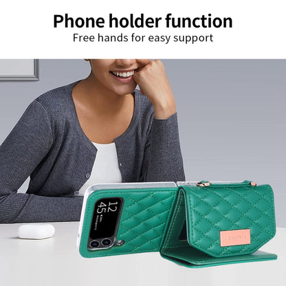 For Samsung Galaxy Z Flip4 VIETAO Rhombic Texture Wallet PU Phone Case with Long Lanyard(Green) - Galaxy Z Flip4 5G Cases by VIETAO | Online Shopping UK | buy2fix