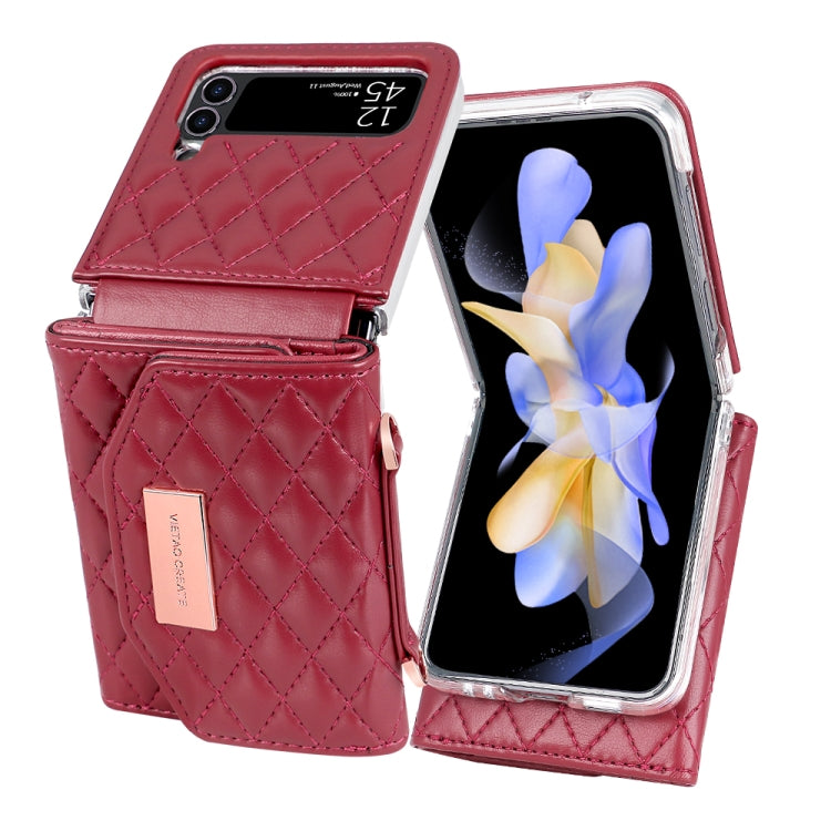 For Samsung Galaxy Z Flip4 VIETAO Rhombic Texture Wallet PU Phone Case with Long Lanyard(Red) - Galaxy Z Flip4 5G Cases by VIETAO | Online Shopping UK | buy2fix