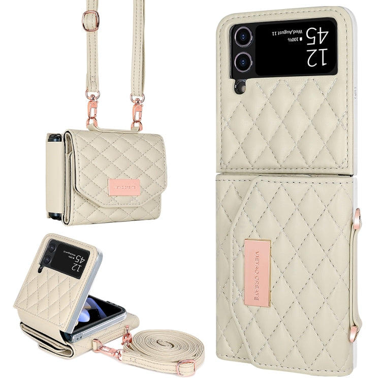 For Samsung Galaxy Z Flip4 VIETAO Rhombic Texture Wallet PU Phone Case with Long Lanyard(Beige) - Galaxy Z Flip4 5G Cases by VIETAO | Online Shopping UK | buy2fix