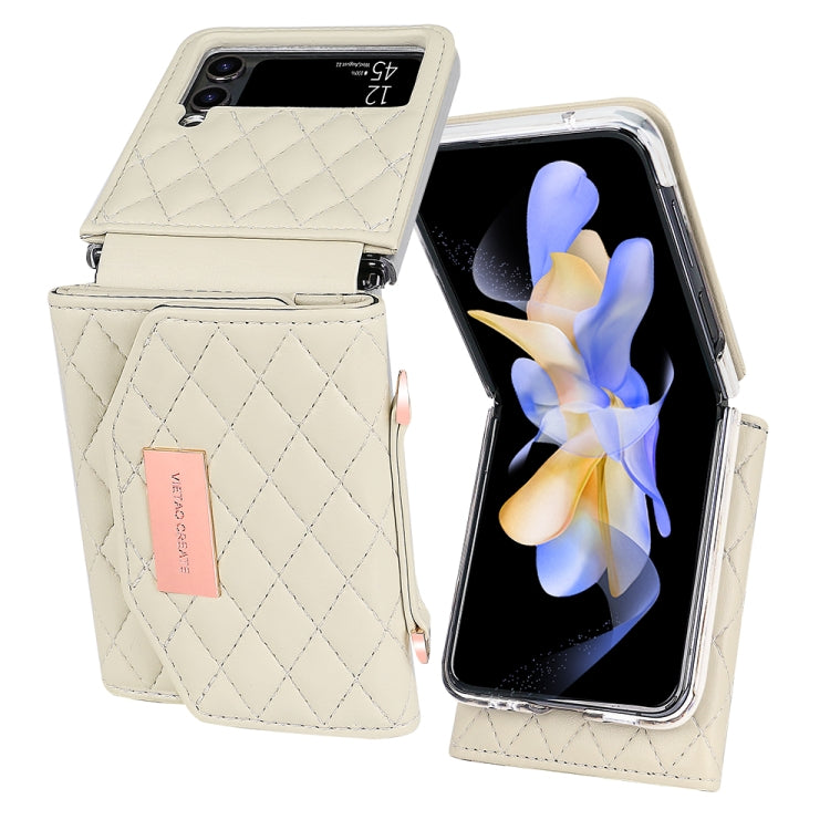 For Samsung Galaxy Z Flip4 VIETAO Rhombic Texture Wallet PU Phone Case with Long Lanyard(Beige) - Galaxy Z Flip4 5G Cases by VIETAO | Online Shopping UK | buy2fix