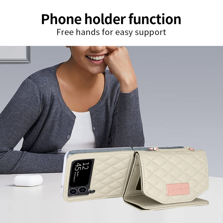 For Samsung Galaxy Z Flip4 VIETAO Rhombic Texture Wallet PU Phone Case with Long Lanyard(Beige) - Galaxy Z Flip4 5G Cases by VIETAO | Online Shopping UK | buy2fix