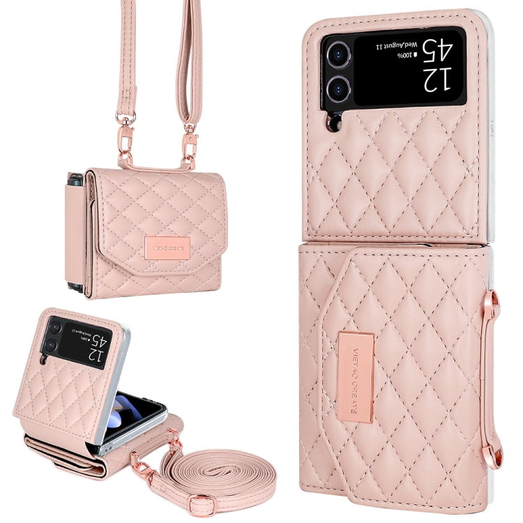 For Samsung Galaxy Z Flip4 VIETAO Rhombic Texture Wallet PU Phone Case with Long Lanyard(Pink) - Galaxy Z Flip4 5G Cases by VIETAO | Online Shopping UK | buy2fix
