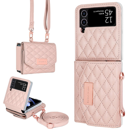 For Samsung Galaxy Z Flip4 VIETAO Rhombic Texture Wallet PU Phone Case with Long Lanyard(Pink) - Galaxy Z Flip4 5G Cases by VIETAO | Online Shopping UK | buy2fix