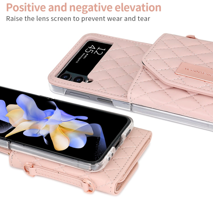 For Samsung Galaxy Z Flip4 VIETAO Rhombic Texture Wallet PU Phone Case with Long Lanyard(Pink) - Galaxy Z Flip4 5G Cases by VIETAO | Online Shopping UK | buy2fix