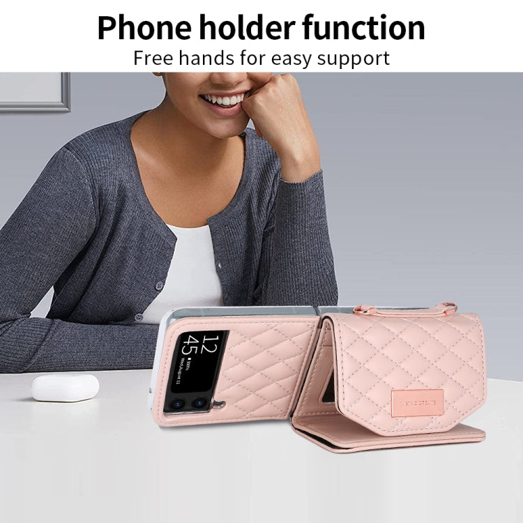 For Samsung Galaxy Z Flip4 VIETAO Rhombic Texture Wallet PU Phone Case with Long Lanyard(Pink) - Galaxy Z Flip4 5G Cases by VIETAO | Online Shopping UK | buy2fix