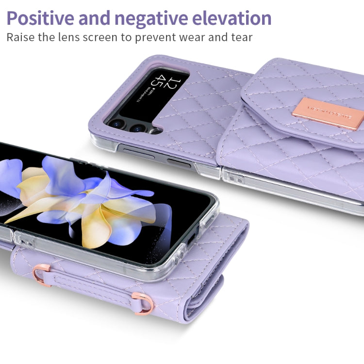 For Samsung Galaxy Z Flip4 VIETAO Rhombic Texture Wallet PU Phone Case with Long Lanyard(Purple) - Galaxy Z Flip4 5G Cases by VIETAO | Online Shopping UK | buy2fix