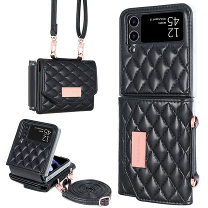 For Samsung Galaxy Z Flip3 5G VIETAO Rhombic Texture Wallet PU Phone Case with Long Lanyard(Black) - Galaxy Phone Cases by VIETAO | Online Shopping UK | buy2fix