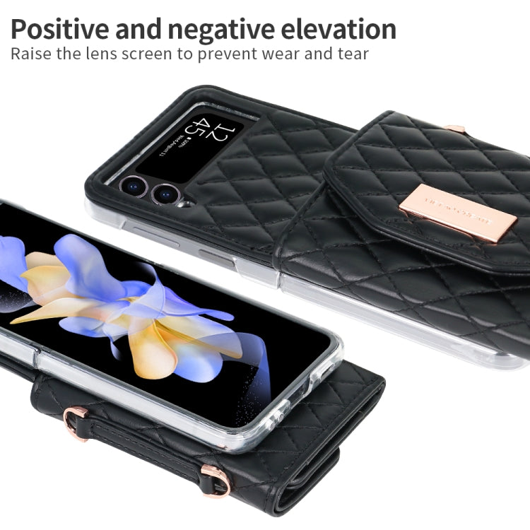 For Samsung Galaxy Z Flip3 5G VIETAO Rhombic Texture Wallet PU Phone Case with Long Lanyard(Black) - Galaxy Phone Cases by VIETAO | Online Shopping UK | buy2fix