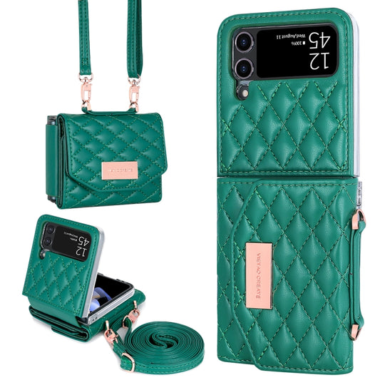 For Samsung Galaxy Z Flip3 5G VIETAO Rhombic Texture Wallet PU Phone Case with Long Lanyard(Green) - Galaxy Phone Cases by VIETAO | Online Shopping UK | buy2fix