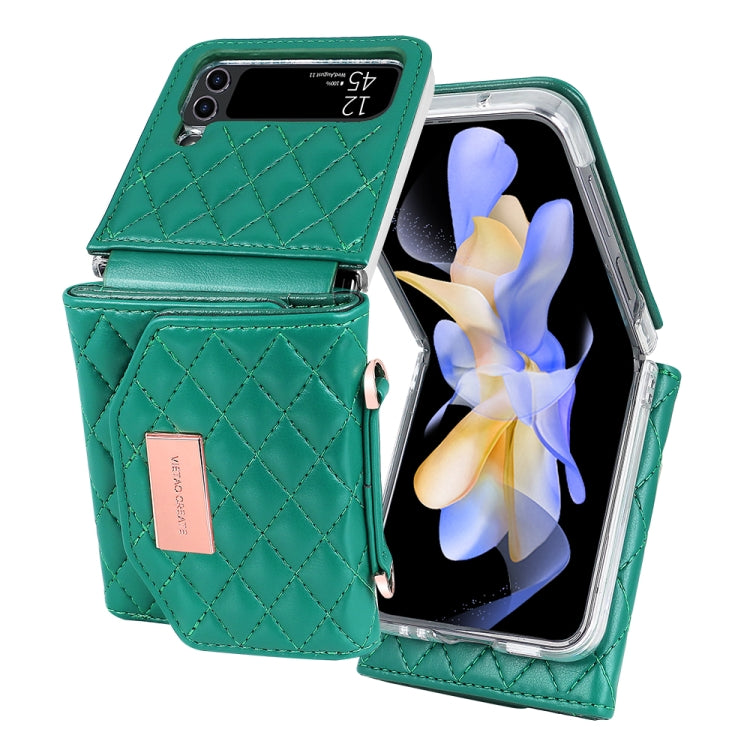 For Samsung Galaxy Z Flip3 5G VIETAO Rhombic Texture Wallet PU Phone Case with Long Lanyard(Green) - Galaxy Phone Cases by VIETAO | Online Shopping UK | buy2fix