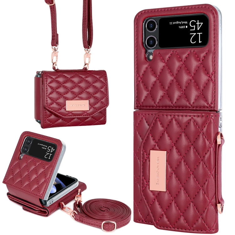 For Samsung Galaxy Z Flip3 5G VIETAO Rhombic Texture Wallet PU Phone Case with Long Lanyard(Red) - Galaxy Phone Cases by VIETAO | Online Shopping UK | buy2fix