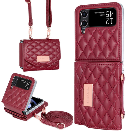 For Samsung Galaxy Z Flip3 5G VIETAO Rhombic Texture Wallet PU Phone Case with Long Lanyard(Red) - Galaxy Phone Cases by VIETAO | Online Shopping UK | buy2fix